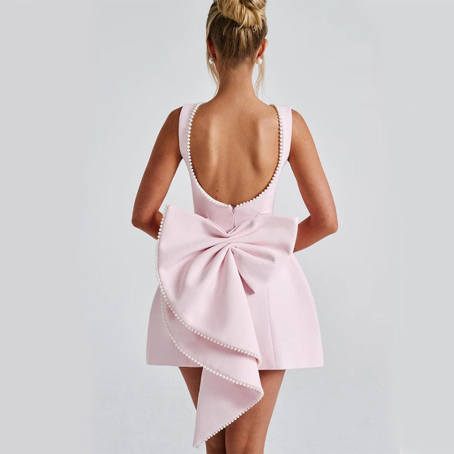 Women’s Summer Backless A-Line Dress – Sleeveless Slim Fit Party Dress with Pearl Straps & Statement Bow