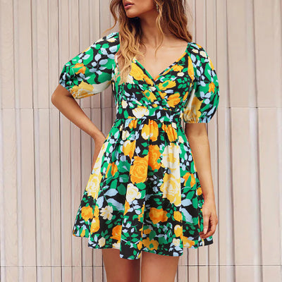 Floral Print V-Neck Mini Dress – Women’s Lantern Sleeve Summer Beach Vacation Dress