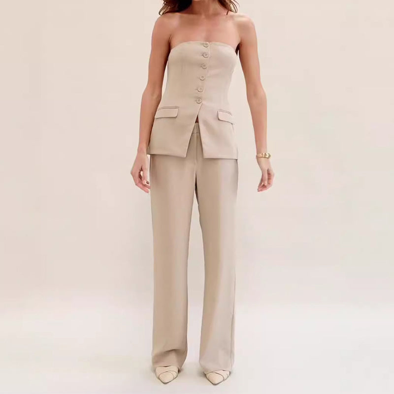 Women’s Tube Top Pants Set – Graceful Sleeveless Button Top & High-Waisted Straight Trousers Suit