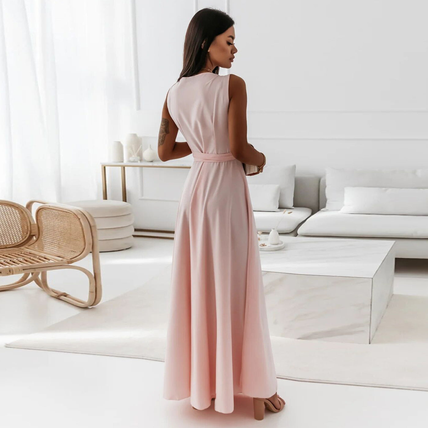 Women’s V-Neck Sleeveless Maxi Dress with Belt – Summer Fashion Evening Party & Club Dress