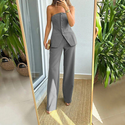 Women’s Tube Top Pants Set – Graceful Sleeveless Button Top & High-Waisted Straight Trousers Suit