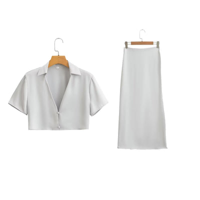 Women’s Silk Satin 2-Piece Set – Short Sleeve Button Shirt & Midi Skirt Suit
