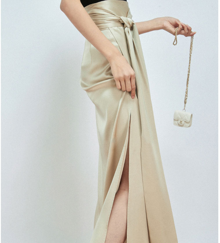 Double-Sided Satin Tie-Up Skirt for Women – Full Arch Hem with One-Piece Needle Detail