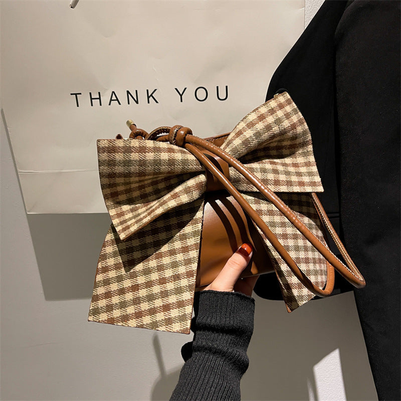 Cute Plaid Bowknot Shoulder Bag for Women – Trendy Small Handbag with Girly Charm