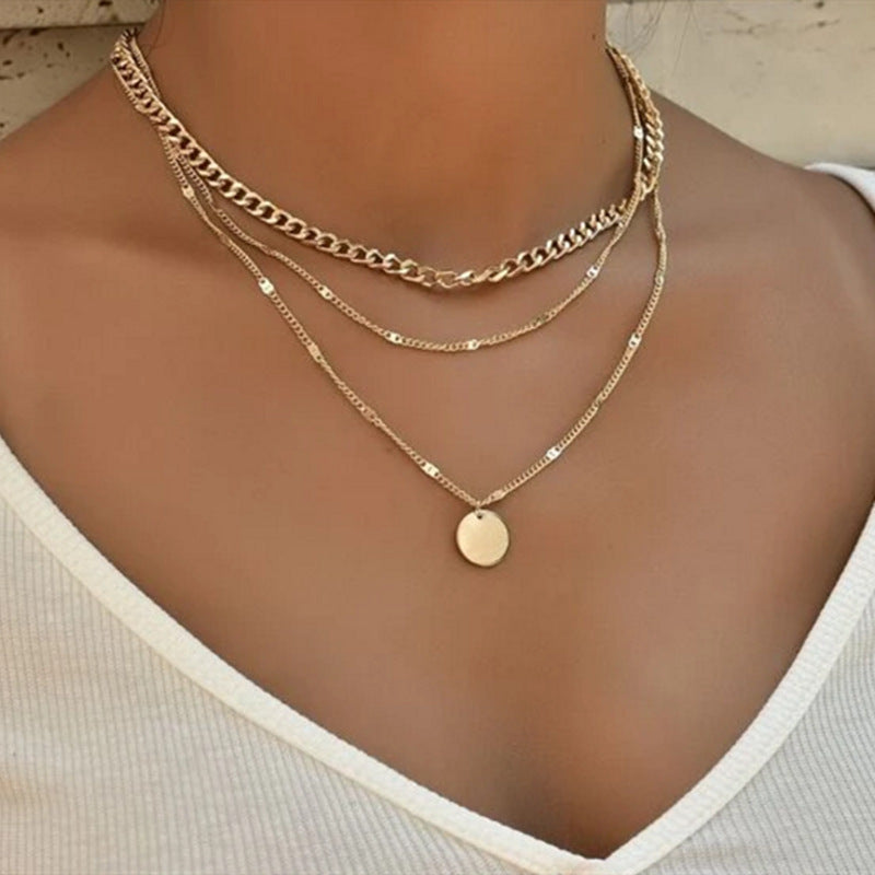 Elegant Gold Multilayer Disc Pendant Necklace – Trendy Women’s Layered Clavicle Chains