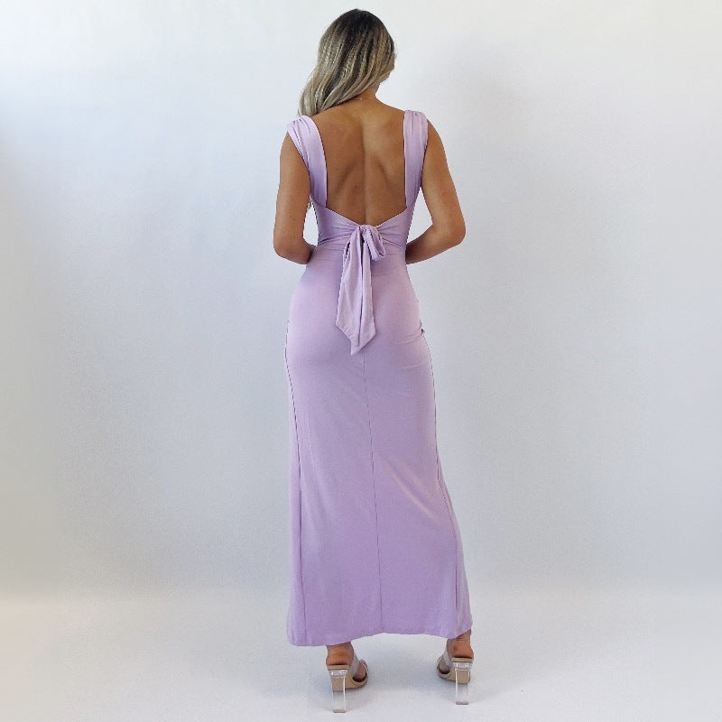 Slim Sleeveless Slit Midi Dress – Women’s Elegant Back Tie Bodycon Dress for Summer Fashion