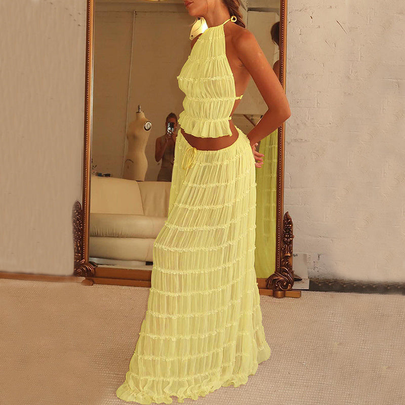 2-Piece Women’s Halter Top & Pleated Skirt Set – Sexy Sleeveless Backless Crop Top Beach Outfit