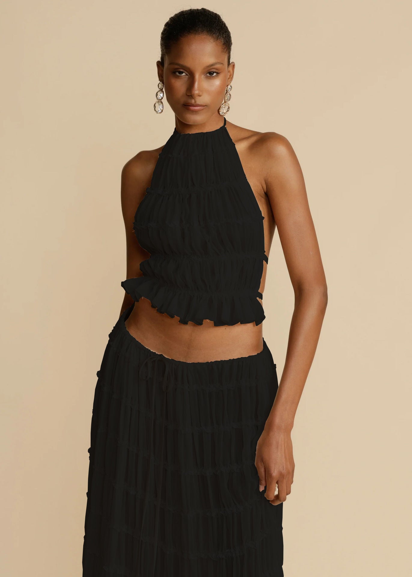 2-Piece Women’s Halter Top & Pleated Skirt Set – Sexy Sleeveless Backless Crop Top Beach Outfit