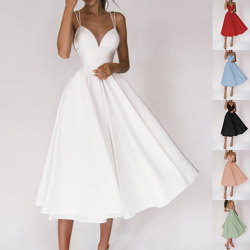 Sexy V-Neck A-Line Suspender Dress – Women’s Summer Long Flowy Sleeveless Sundress