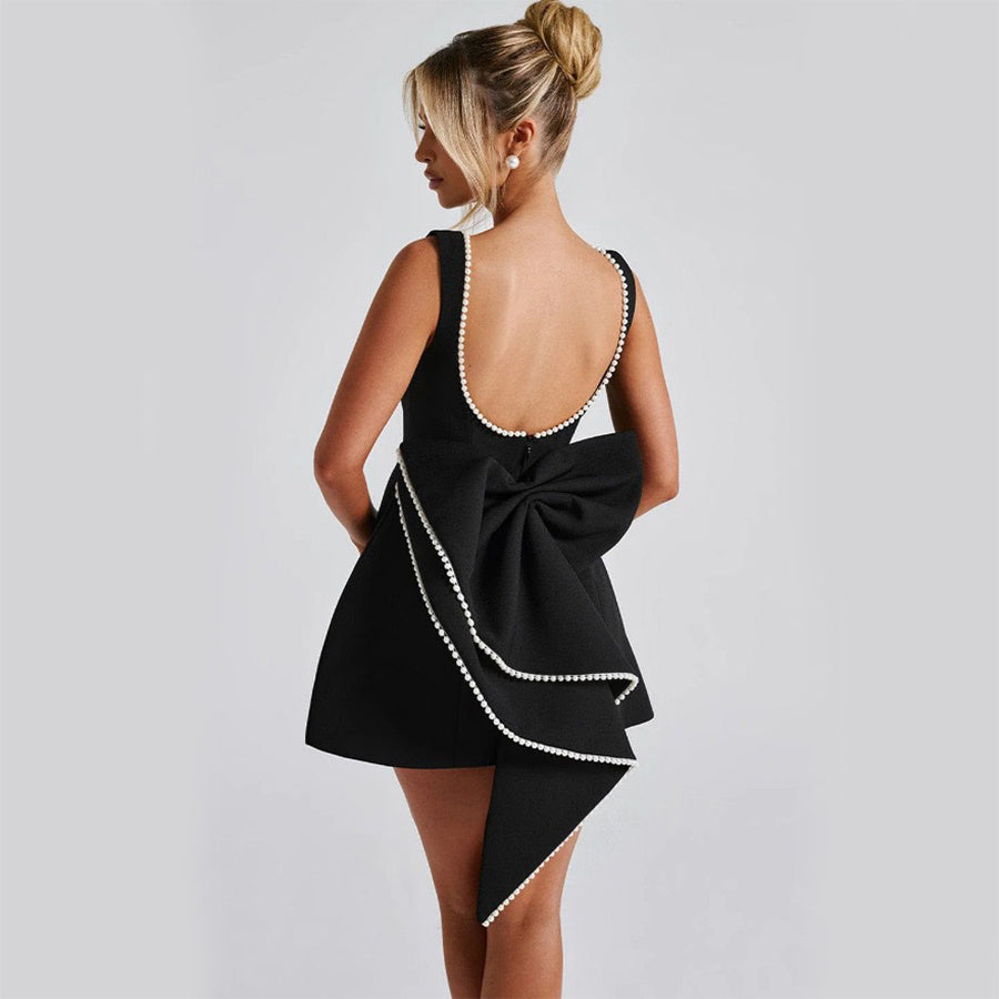 Women’s Summer Backless A-Line Dress – Sleeveless Slim Fit Party Dress with Pearl Straps & Statement Bow