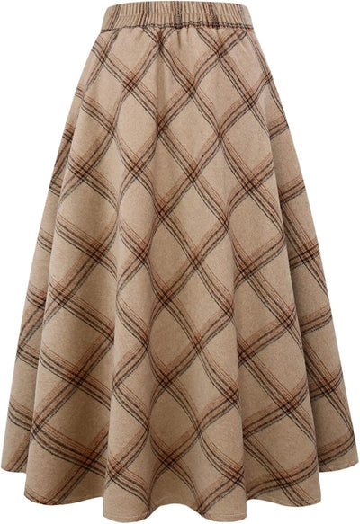 Womens Plaid Wool Skirts Elastic Waist A-Line Pleated Tartan Long Skirts