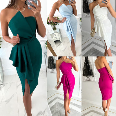 Women’s Irregular Hem Chest Wrap Dress – Elegant Strapless Body con Dress for Evening & Special Occasions