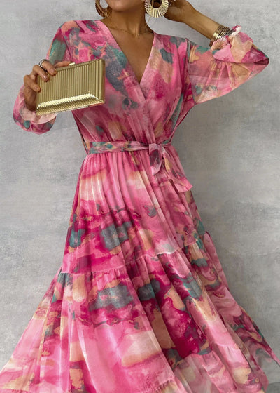 Elegant Floral V-Neck Maxi Dress for Women – Long Sleeve High-Waisted Pleated Chiffon Swing Dress