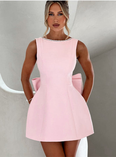 Women’s Summer Backless A-Line Dress – Sleeveless Slim Fit Party Dress with Pearl Straps & Statement Bow