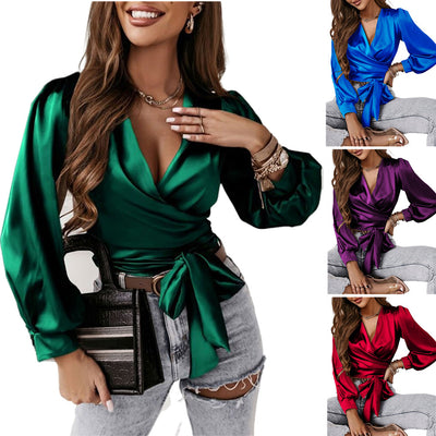 Women’s Satin Lace-Up Blouse – Silk-Like Long Sleeve Cross-Tie Shirt for Elegant Day & Evening Wear