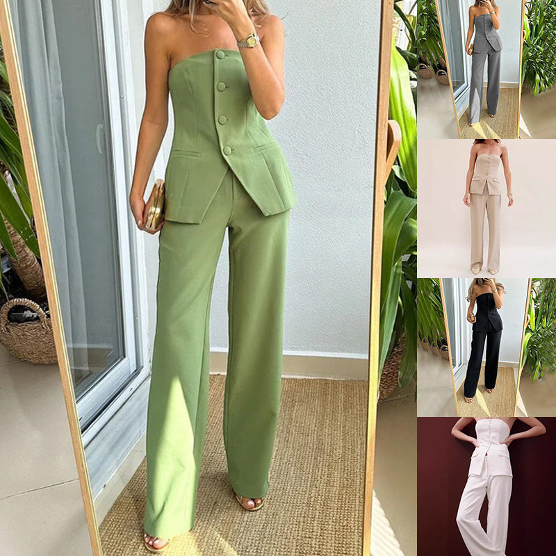 Women’s Tube Top Pants Set – Graceful Sleeveless Button Top & High-Waisted Straight Trousers Suit