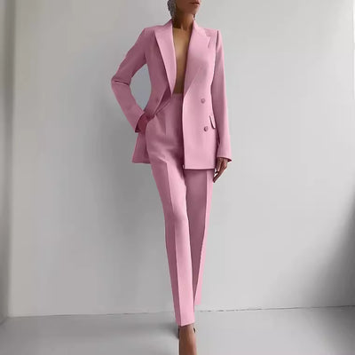 Women’s Casual Business Suit Set – Long Sleeve Single-Breasted Blazer Jacket & Slim Fit Trousers
