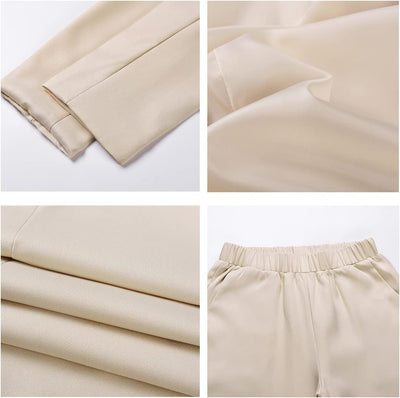 Women'S 2 Piece Suits Set Open Front Long Sleeve Blazer Jackets Outfits and Elastic Waist Solid Pant Set Suit Apricot