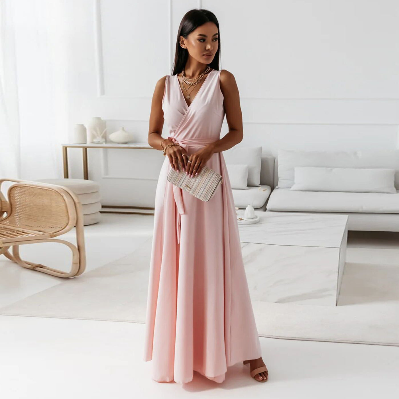 Women’s V-Neck Sleeveless Maxi Dress with Belt – Summer Fashion Evening Party & Club Dress