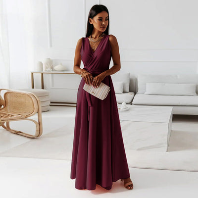 Women’s V-Neck Sleeveless Maxi Dress with Belt – Summer Fashion Evening Party & Club Dress