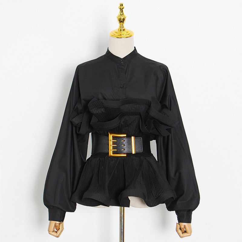 Elegant Irregular Waist Lace Pleated Blouse for Women – Solid Color Belted Top with Buckle Detail