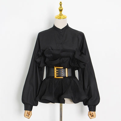 Elegant Irregular Waist Lace Pleated Blouse for Women – Solid Color Belted Top with Buckle Detail