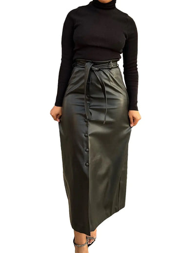 Elegant High Waist Button-Down Faux Leather Pencil Skirt
