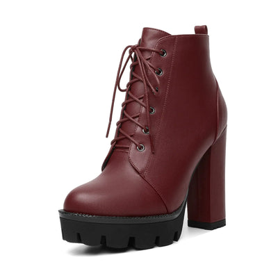 Burgundy Lace-Up Platform Ankle Boots