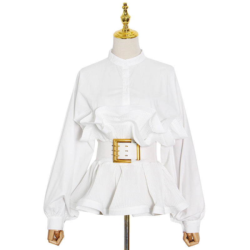 Elegant Irregular Waist Lace Pleated Blouse for Women – Solid Color Belted Top with Buckle Detail