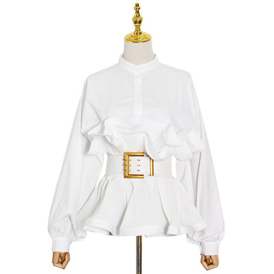 Elegant Irregular Waist Lace Pleated Blouse for Women – Solid Color Belted Top with Buckle Detail