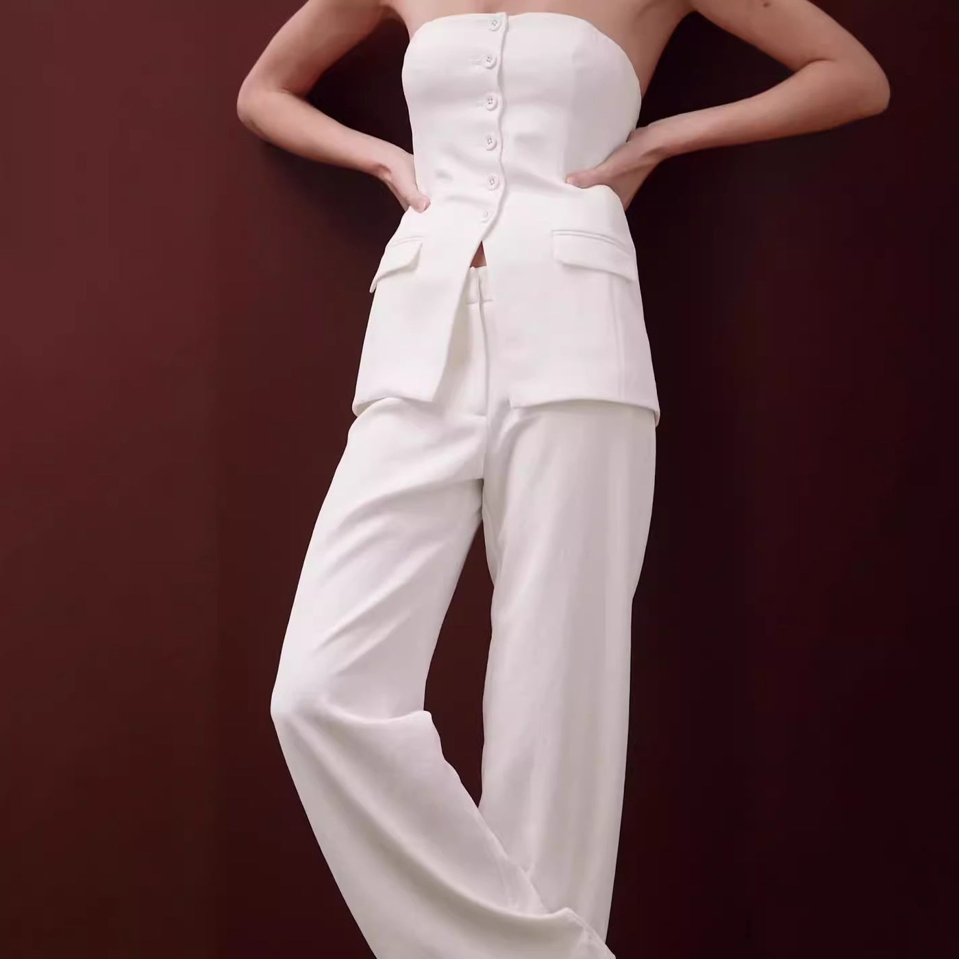 Women’s Tube Top Pants Set – Graceful Sleeveless Button Top & High-Waisted Straight Trousers Suit