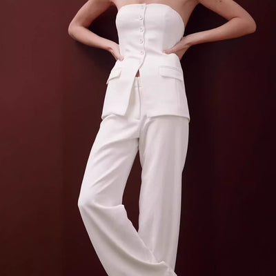 Women’s Tube Top Pants Set – Graceful Sleeveless Button Top & High-Waisted Straight Trousers Suit