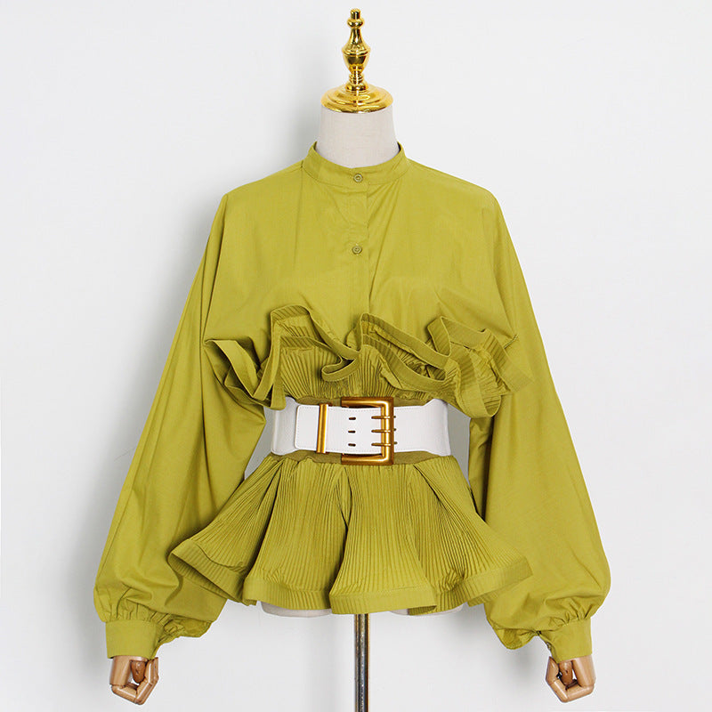 Elegant Irregular Waist Lace Pleated Blouse for Women – Solid Color Belted Top with Buckle Detail