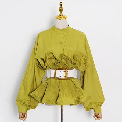 Elegant Irregular Waist Lace Pleated Blouse for Women – Solid Color Belted Top with Buckle Detail