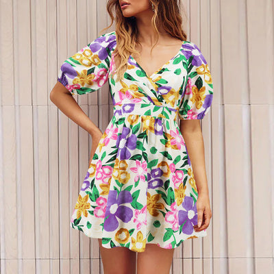 Floral Print V-Neck Mini Dress – Women’s Lantern Sleeve Summer Beach Vacation Dress