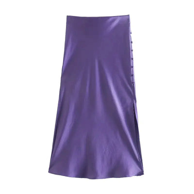 Ladies Buttoned Slit Satin Skirt