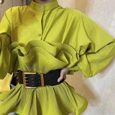 Elegant Irregular Waist Lace Pleated Blouse for Women – Solid Color Belted Top with Buckle Detail