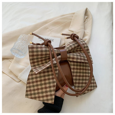 Cute Plaid Bowknot Shoulder Bag for Women – Trendy Small Handbag with Girly Charm