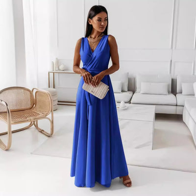 Women’s V-Neck Sleeveless Maxi Dress with Belt – Summer Fashion Evening Party & Club Dress