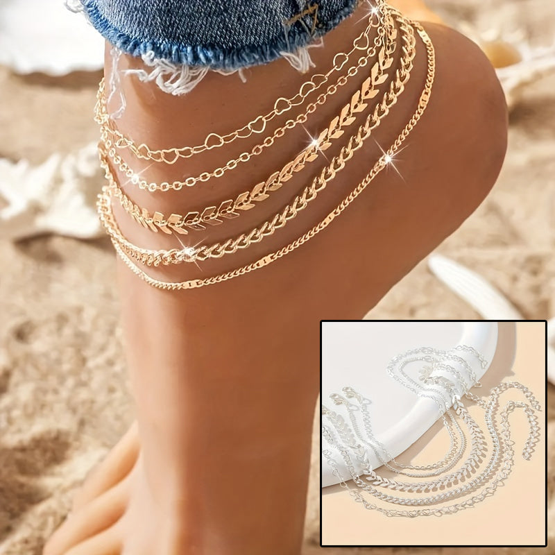 5-Piece Bohemian Heart & Airplane Charm Anklet Set – Women’s Summer Beach Chain Ankle Bracelets