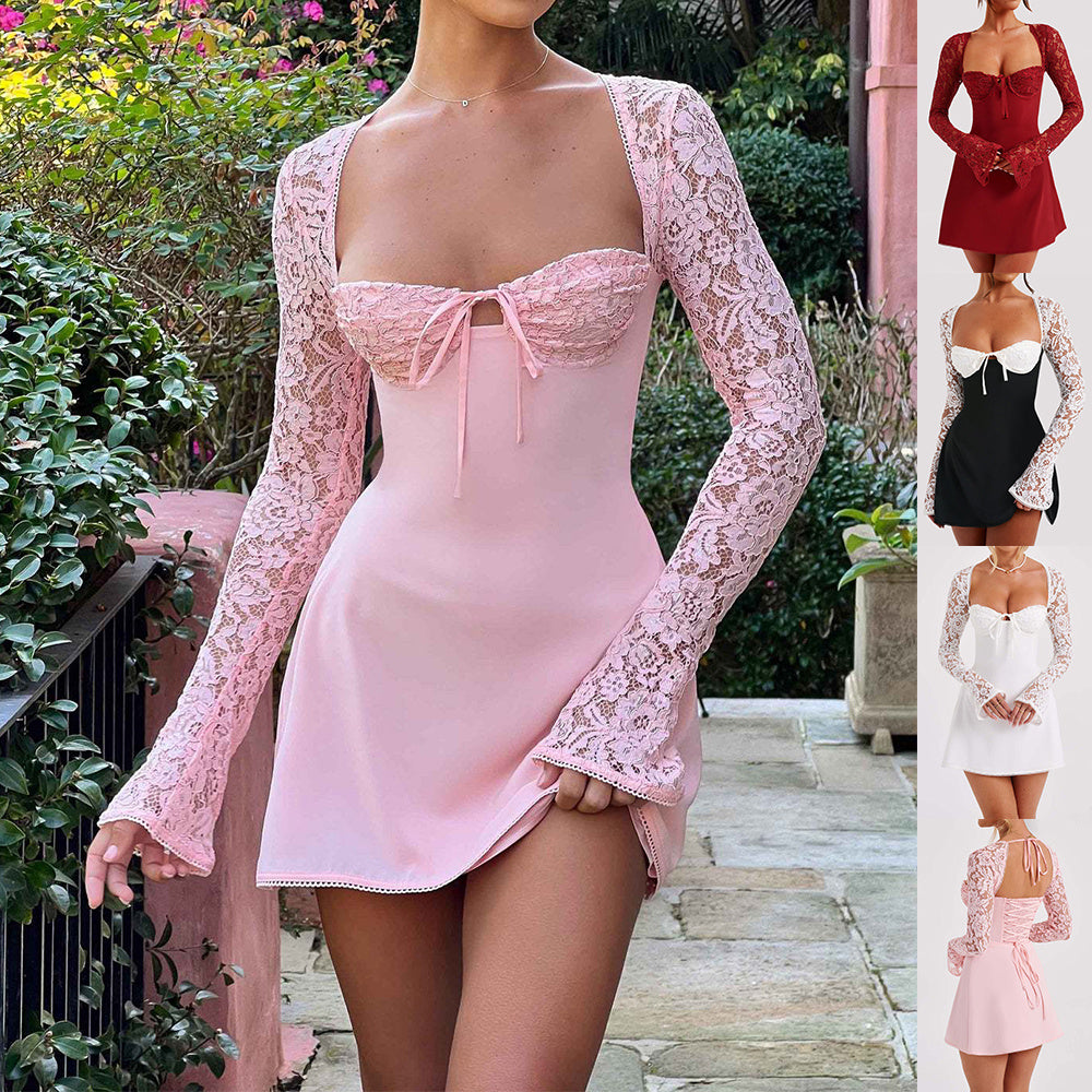 Sexy Lace Corset Backless Dress – Women’s Long Sleeve Short Lace-Up Party Dress