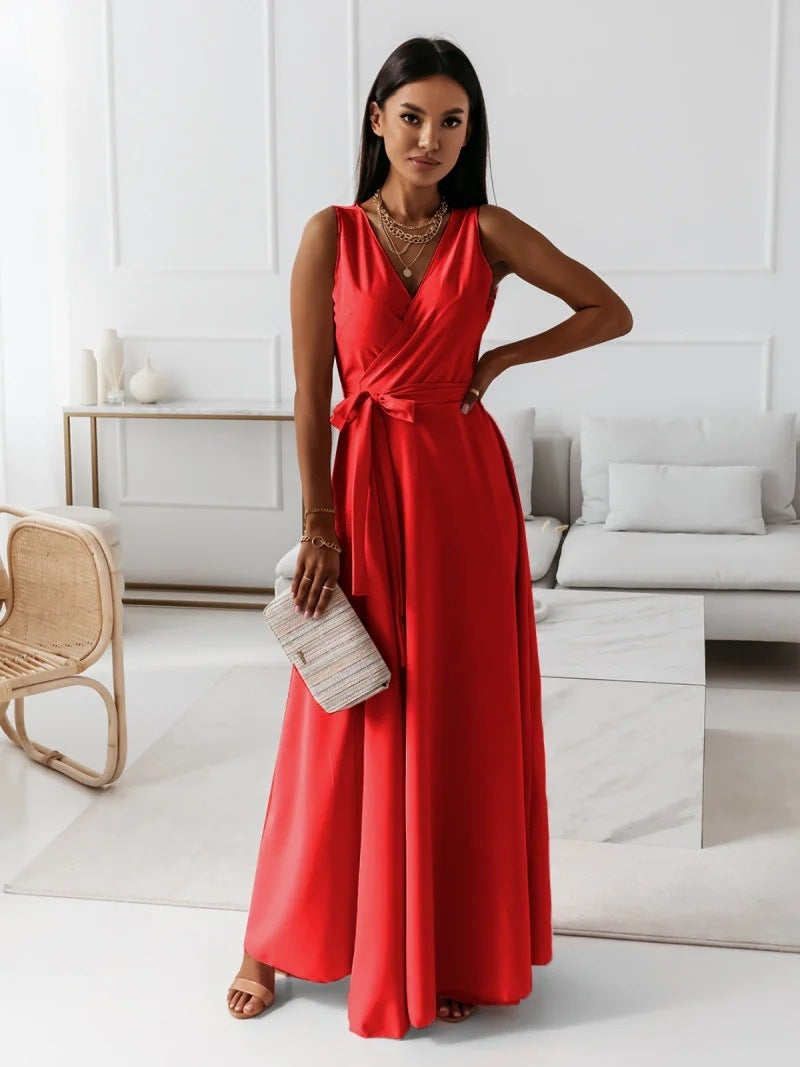 Women’s V-Neck Sleeveless Maxi Dress with Belt – Summer Fashion Evening Party & Club Dress