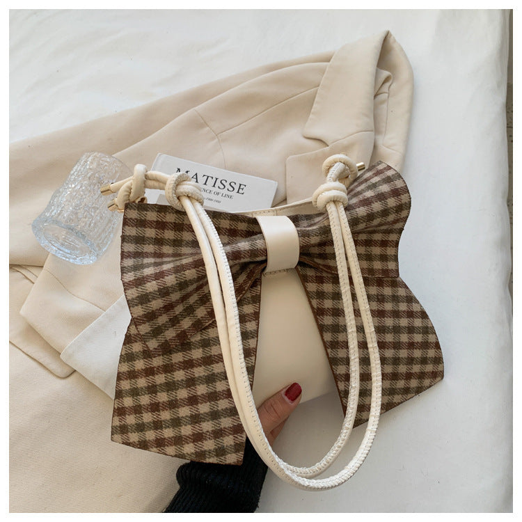 Cute Plaid Bowknot Shoulder Bag for Women – Trendy Small Handbag with Girly Charm