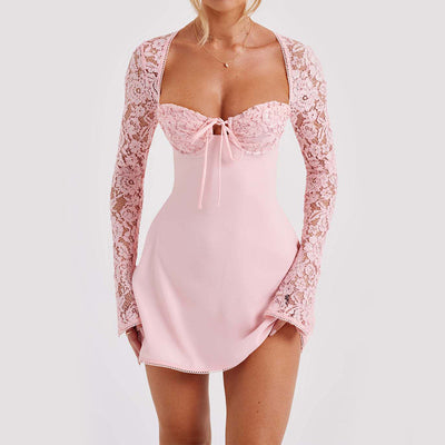 Sexy Lace Corset Backless Dress – Women’s Long Sleeve Short Lace-Up Party Dress