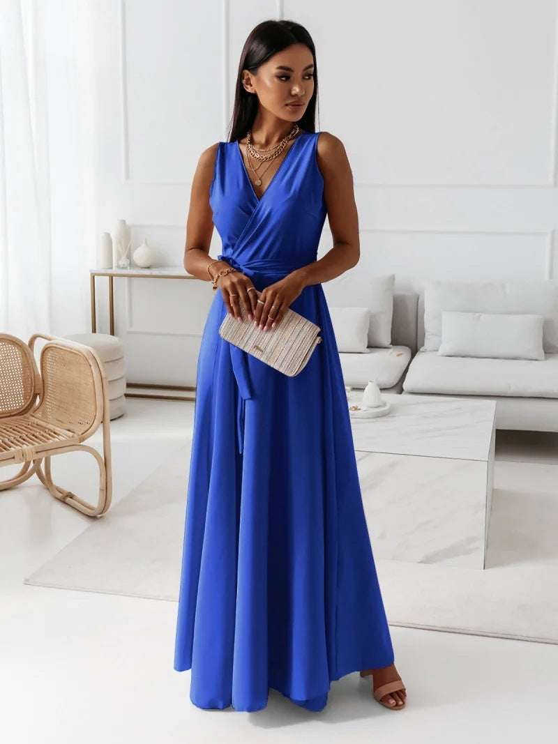 Women’s V-Neck Sleeveless Maxi Dress with Belt – Summer Fashion Evening Party & Club Dress