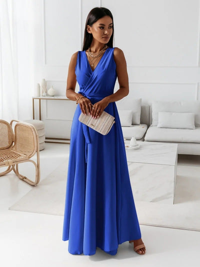 Women’s V-Neck Sleeveless Maxi Dress with Belt – Summer Fashion Evening Party & Club Dress