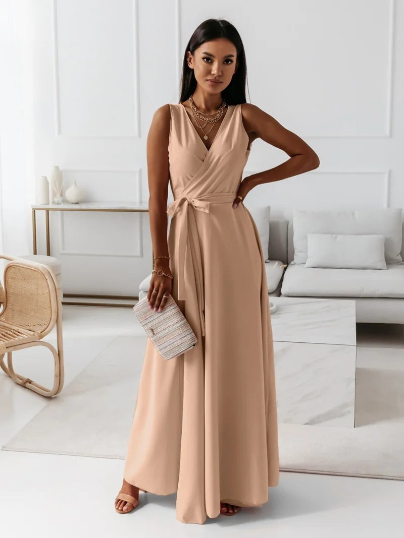 Women’s V-Neck Sleeveless Maxi Dress with Belt – Summer Fashion Evening Party & Club Dress