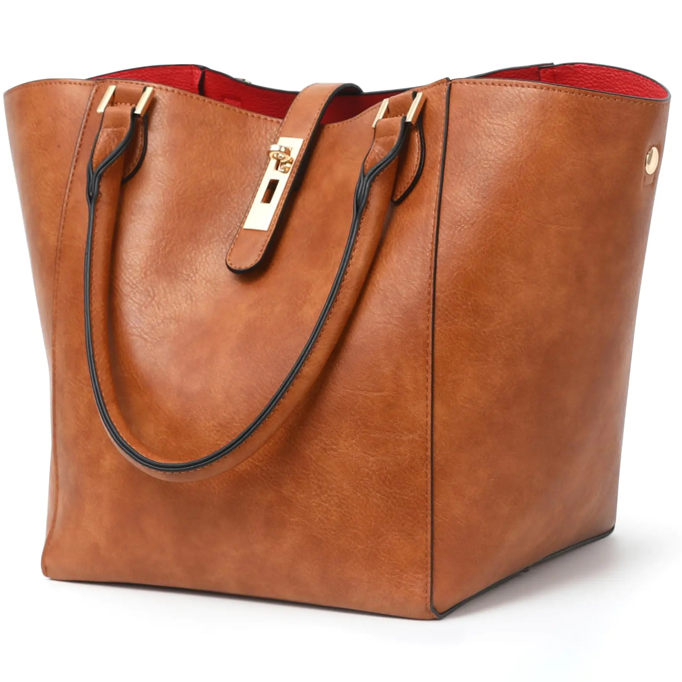 Brown leather tote bag with gold zipper on a white background