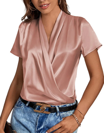 Elegant Satin Silk Wrap Blouse in Dusty Pink