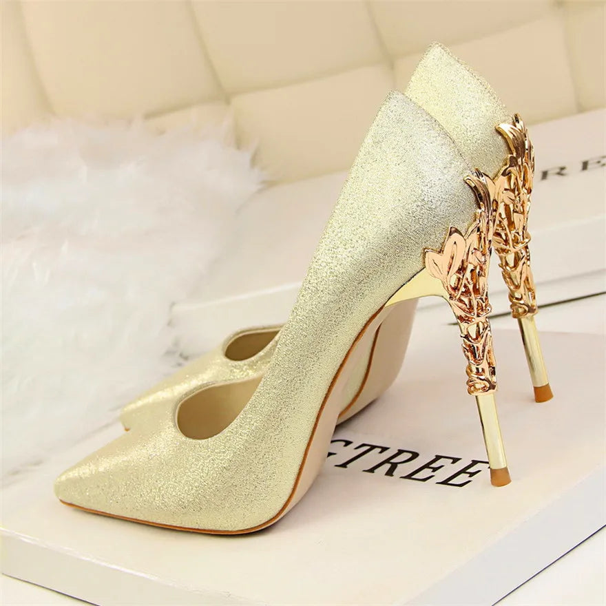 Sharp Signature Chic Metal Carved Pointed Toe Fashion Heel